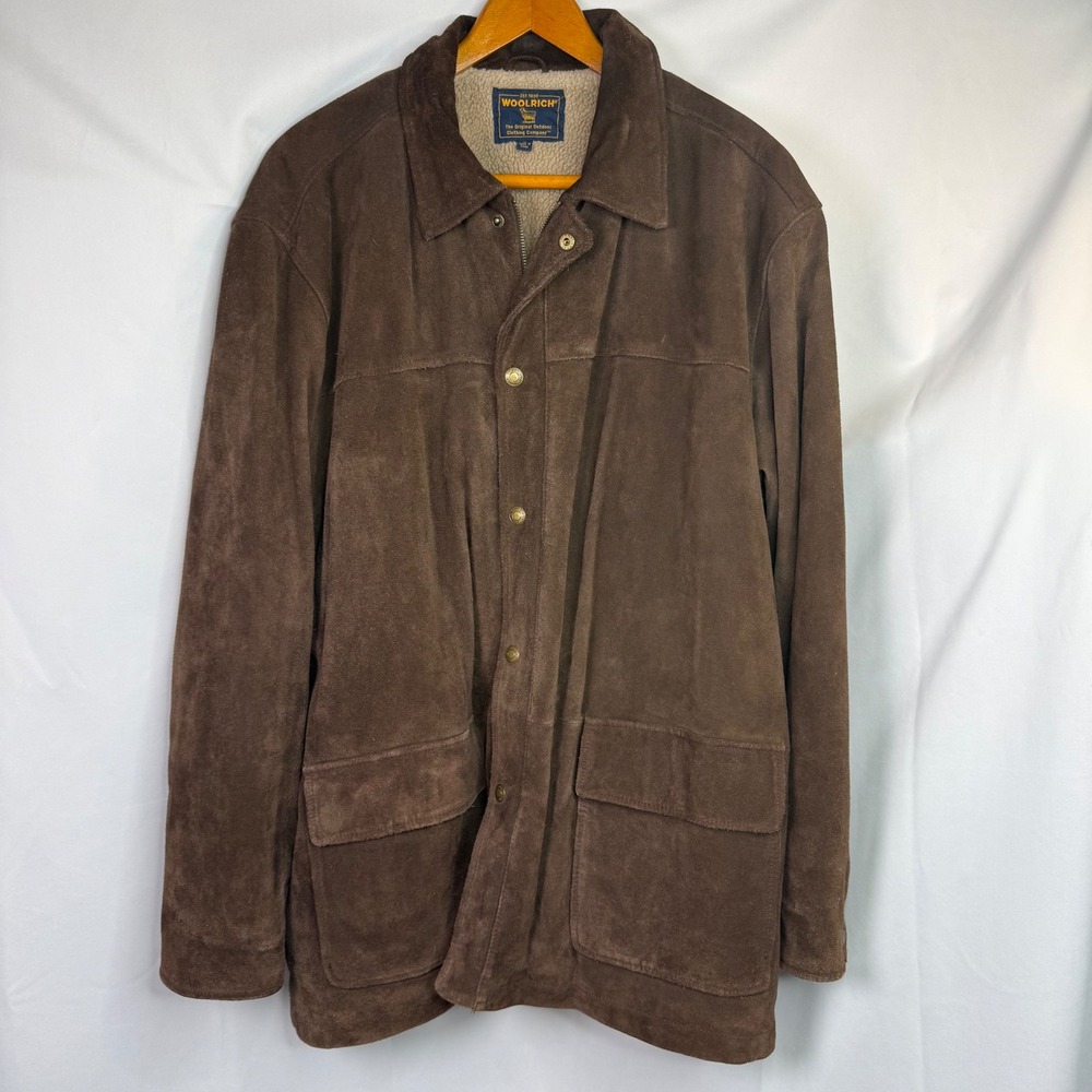 Woolrich Mens XL Brown Suede Leather Sherpa Lined Field Jacket Barn Coat Vintage